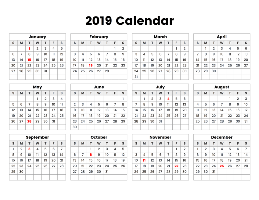 2019 year calendar holidays