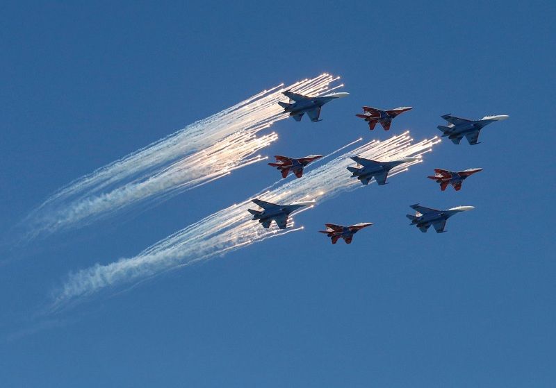 MiG-29 jets fly in formation during the Victory Day parade, marking the 71st anniversary of the victory over Nazi Germany in World War Two. MiG-29 jets fly in formation during the Victory Day parade, marking the 71st anniversary of the victory over Nazi Germany in World War Two.